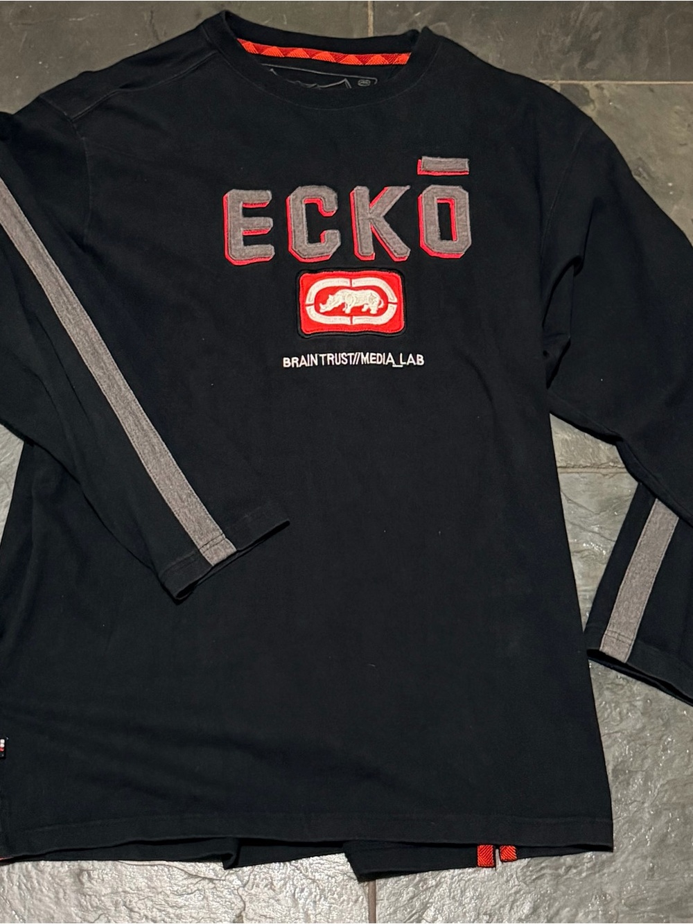 Ecko Unlimited vintage Black Long-Sleeve Logo Tee with Red Accents